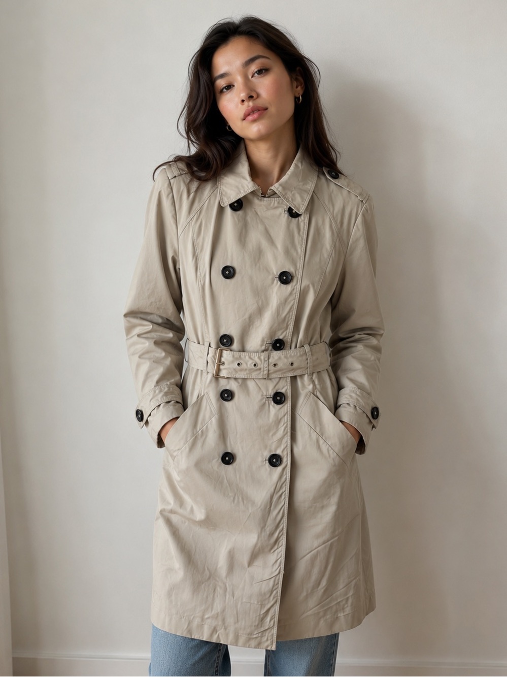 Zara Classic Beige Trench Coat Size Medium Double Breasted Belted Timeless Fall